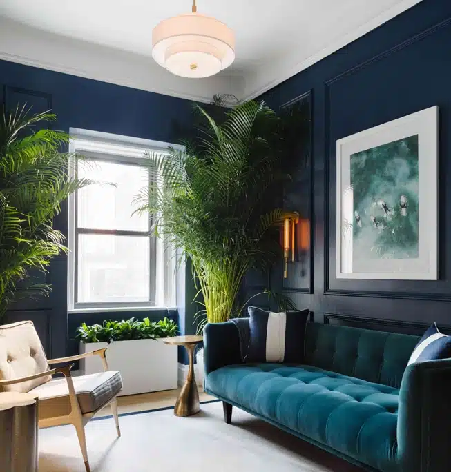 A stylish living room with navy blue walls, a teal velvet sofa, a beige armchair, large green plants, a modern pendant light, a gold side table, a window with natural light, and framed artwork on the wall.