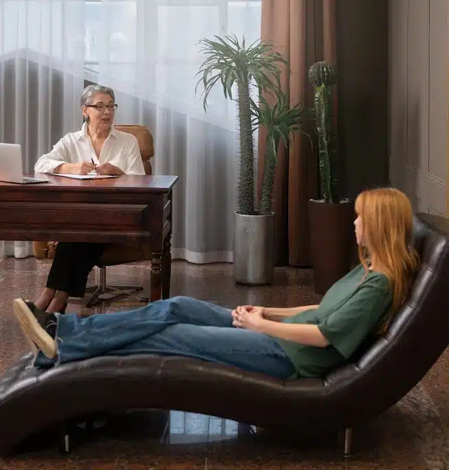 A woman sits at a desk with a notepad, listening to another woman lying on a chaise lounge in a modern office with large windows and potted plants.
